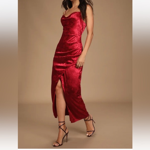 Lulus Under the Moonlight Wine Red Satin Jacquard Maxi Dress - Picture 1 of 4